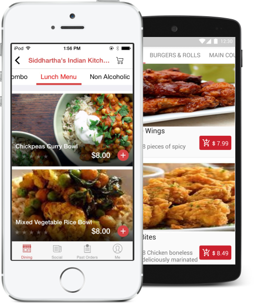 FanDine's official product artwork showing restaurant menus in its iPhone and Android app.